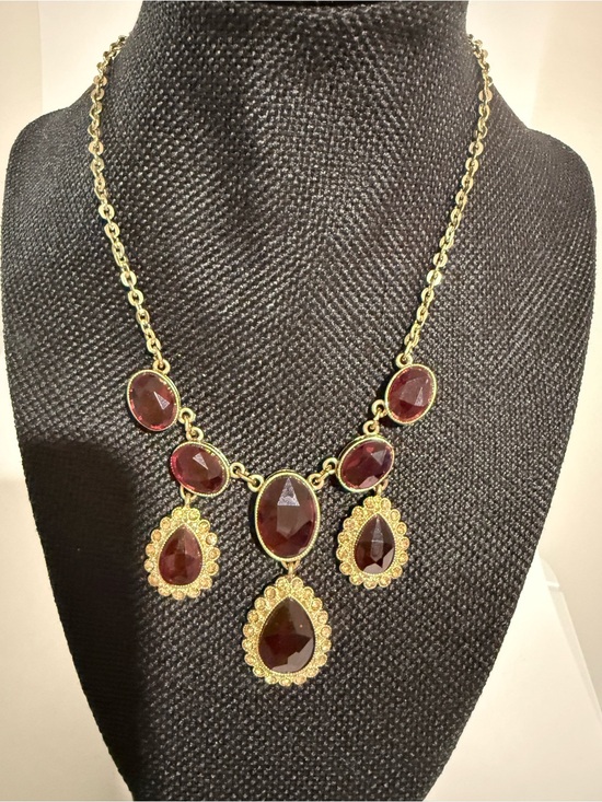 Crown Trifari Jewelry - Gold-Tone Statement Necklace with Deep Red Gemstones - Women Jewelry